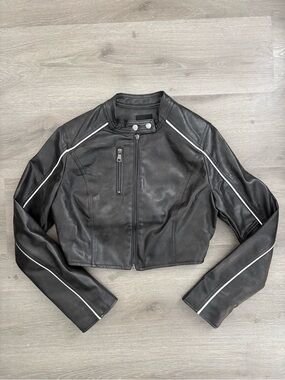 Love Tree Black Cropped Moto Jacket with White Piping